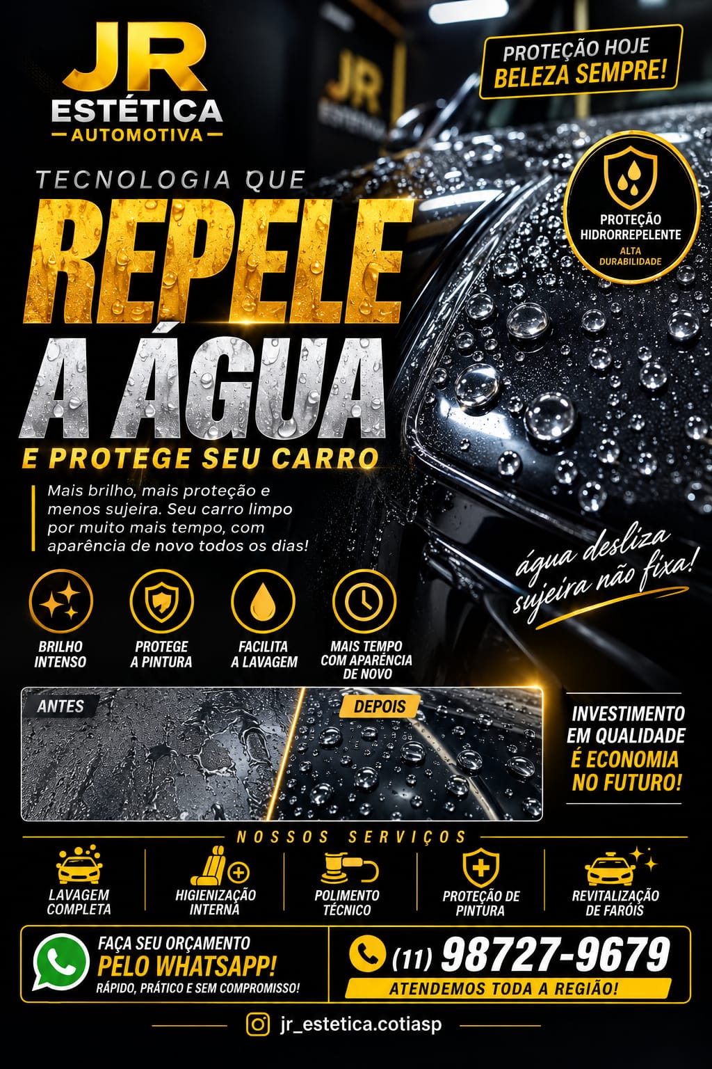 Proteção hidrorrepelente que repele a água e protege a pintura