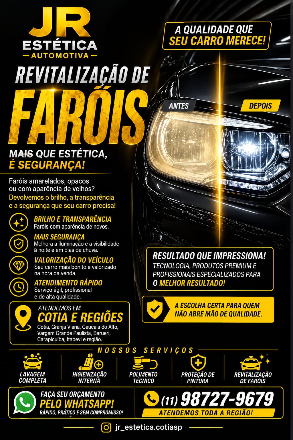 Revitalização de faróis realizada pela JR Estética Automotiva